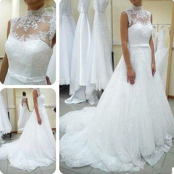 

2019 high neck sleeveless a-line wedding dresses sheer neck lace appliques illusion back tulle bridal gowns with bow sash sweep train, White