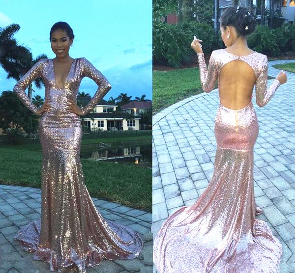 

sparkly pink sequined evening dress long sleeve backless deep v neck mermaid bling bling party gowns custom size, Black;red