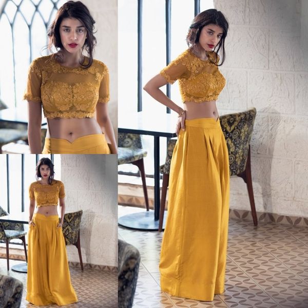 Amarelo duas peças vestidos de baile apliques de renda curto top com cetim saia longa elegante mangas curtas vestido de noite mulheres vestidos de festa