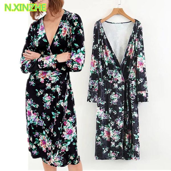 

2018 women clothing long sleeve v-neck lace-up print velvet dress female high street fashion slim knee-length dresses s2887, White;black