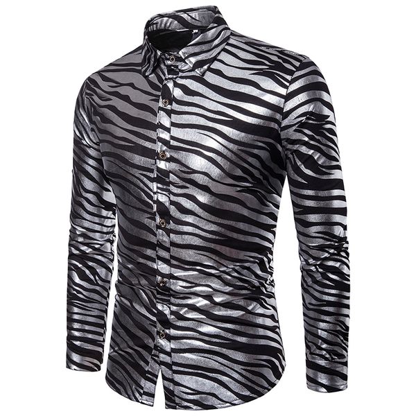 

men shirt brand 2018 male long sleeve shirts casual animal pattern slim fit bling shining black man dress shirts, White;black
