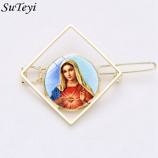 

suteyi hollowed simple square christian hairpins virgin mary handmade glass dome gold hair clip women girl barrettes jewelry, Golden;white