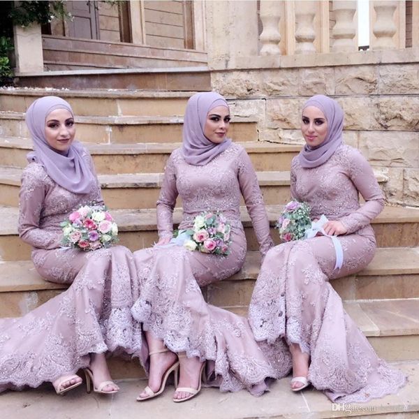 

2018 New Arrival Purple Muslim Mermaid Bridesmaid Dresses Lace Long Sleeves Bead Maid of Honor Dress Prom Evening Gowns Formal Dress Elegant