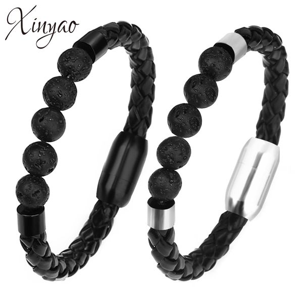 

xinyao 2018 adjustable natural lava stone beads charm bracelet for women stainless steel magnetic bangle bracelet pulseira f7286, Golden;silver