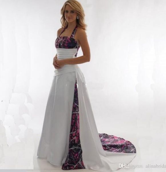 

2018 new arrival camo wedding dresses halter a line pleated satin long lace up back country style wedding bridal dress custom made, White