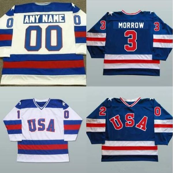 Custom 1980 Team USA Hockey Maglie 3 Ken Morrow 16 Mark Pavelich 20 Bob Suter Cucito da uomo USA Vintage Hockey Uniformi Blu Bianco