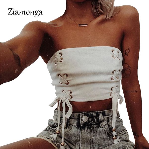 

ziamonga white bandeau bra front tie up strapless crop wrap chest tube off shoulder open back backless tank