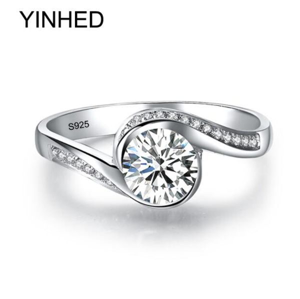 

zhf jewelry elegant solitaire ring genuine 925 sterling silver wedding rings for women 6mm 1 ct cz diamant engagement ring, Golden;silver