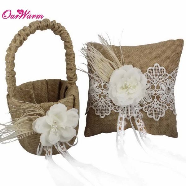 Jute Burlap Wedding Ring Pillow Flower Basket With Floral Lace