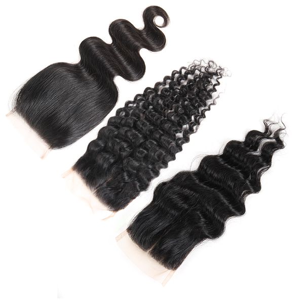 

wholesale body wave brazilian virgin human hair peruvian water wave part closure middle part closures deep wave remy hair extensions, Black