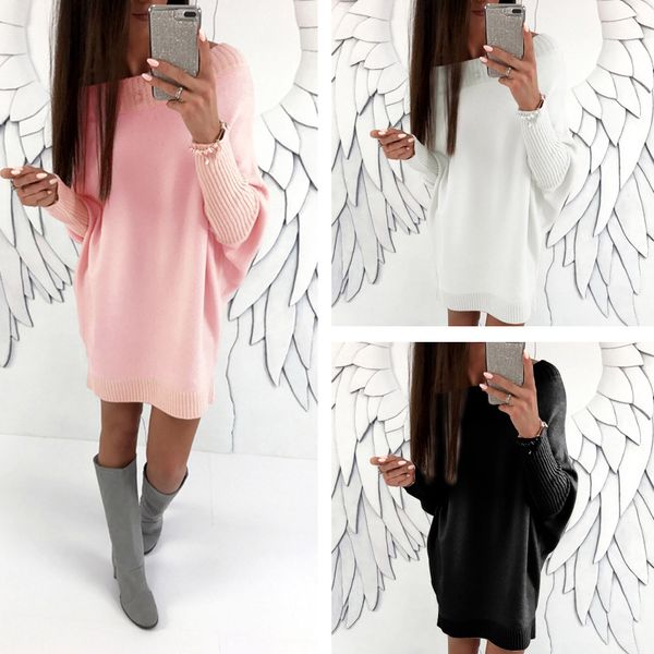 

autumn popular new women's sweater loose round neck tight sleeve long sleeve dress, Black;gray