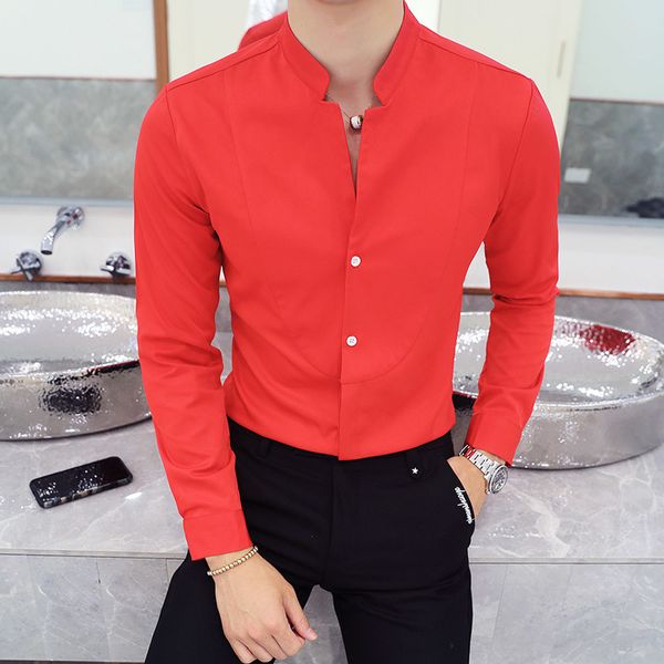 

mandarin collar shirt men 2018 new autumn chinese collar solid shirt men long sleeve stand camisa social masculina 5xl, White;black