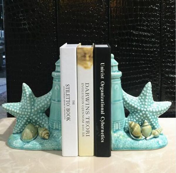 Mediterrâneo Criativo de cerâmica starfish bookend home decor artesanato quarto decoração objetos estudo estante estante de shell estante