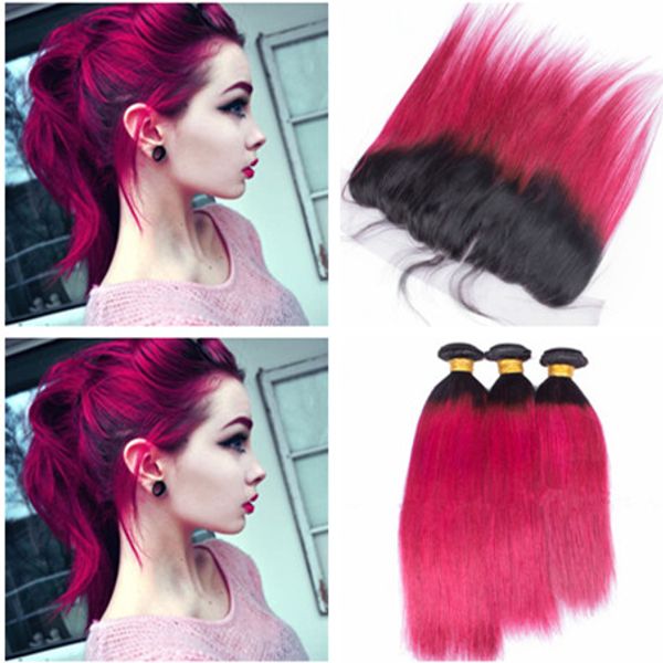 1B / Hot Pink Ombre Virgin Fasci di capelli umani brasiliani con chiusura frontale in pizzo 13x4 Two Tone Ombre Pink Hair Weaves with Frontals