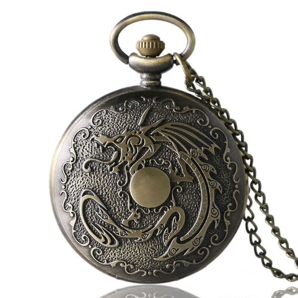 

bronze evil dragon fire quartz pocket watch steampunk style bronze pendant necklace white dial men women clock relogio de bolso, Slivery;golden