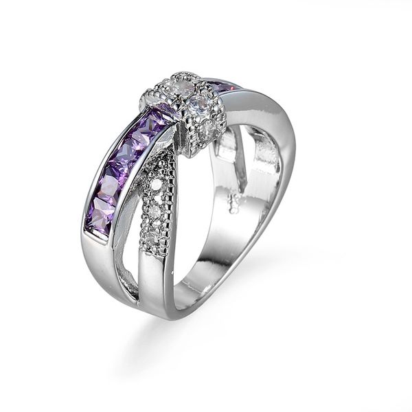 

new cross purple amethyst cubic zirconia white gold plated rings size 6/7/8/9/10 women men's engagement gift, Slivery;golden