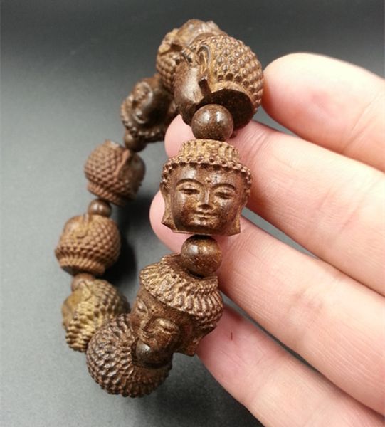 Natürlicher Weihrauch Sandelholz Guanyin Buddha Kopf Walnuss tibetische Dzi Perlen Armband Schmuck Großhandel