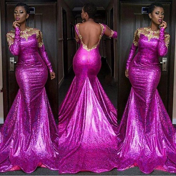 

African Sexy Long Sleeves Prom Dresses Sheer Neck Gold Appliques Mermaid Evening Gowns Long Sequined Party Dress Vestidos Black Girls