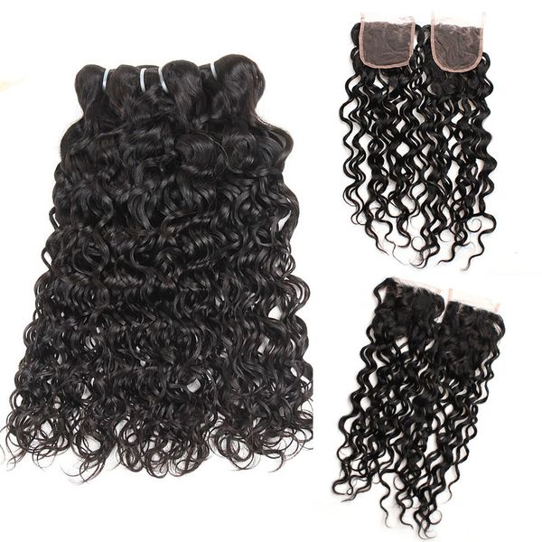 

peruvian water wave bundles with lace closure unprocessed virgin human hair weave weft with lace closure middle 3 part double weft, Black