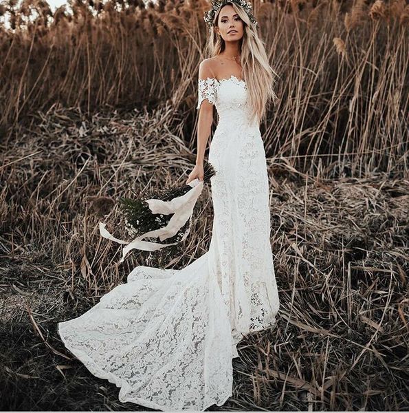 Big Discount Mermaid Round Neck Short Sleeves Lace Beach Wedding