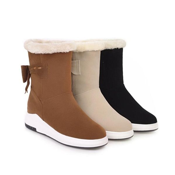 

winter warm short women boots round toe flock leather slip-on mid calf snow boots shoes for woman fur bowtie outdoor adf-3584, Black
