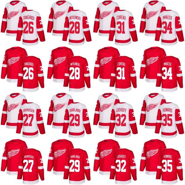 

Detroit Red Wings Jersey 26 Eric Tangradi 35 Jimmy Howard 40 Henrik Zetterberg 43 Darren Helm Custom Hockey Jerseys White Red