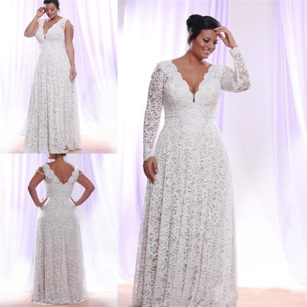 

Cheap Full Lace Plus Size Wedding Dresses Long Sleeves V Neck Custom Size Floor Length Bridal Gowns Wedding Guest Gowns