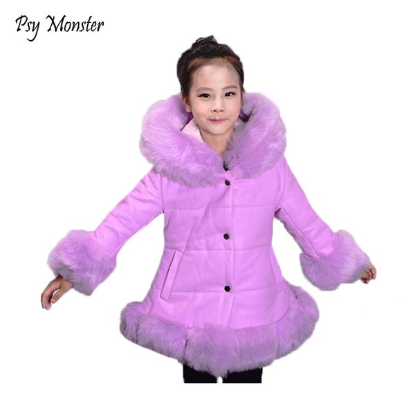 

winter fur hooded warm jackets for girls padded coats thicken pu leather patchwork fox faux fur jas meisje jacket outerwear w57, Blue;gray