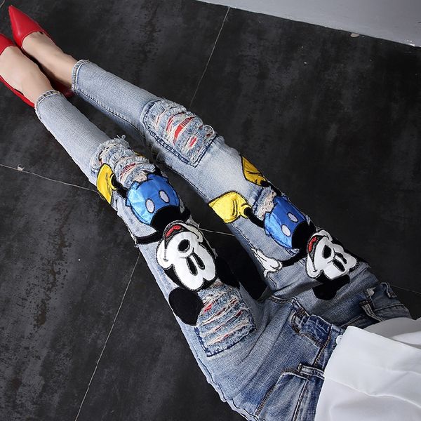 

2018 new autumn fashion patch cartoon hole denim pants slim women long trousers ankle-length female pencil jeans, Blue