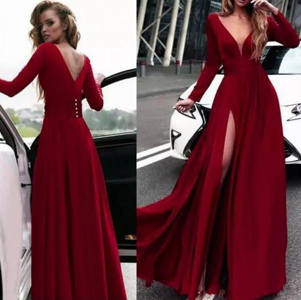 

dark red deep v neck long sleeves a-line evening dresses vintage long side split formal evening prom gowns long sleeves party wear, Black;red