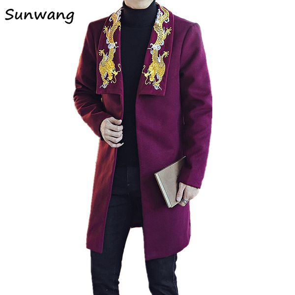 

2018 mens autumn winter coats chinese style embroidery long woolen coat fashion men casual slim fit overcoat asian size m-5xl, Black