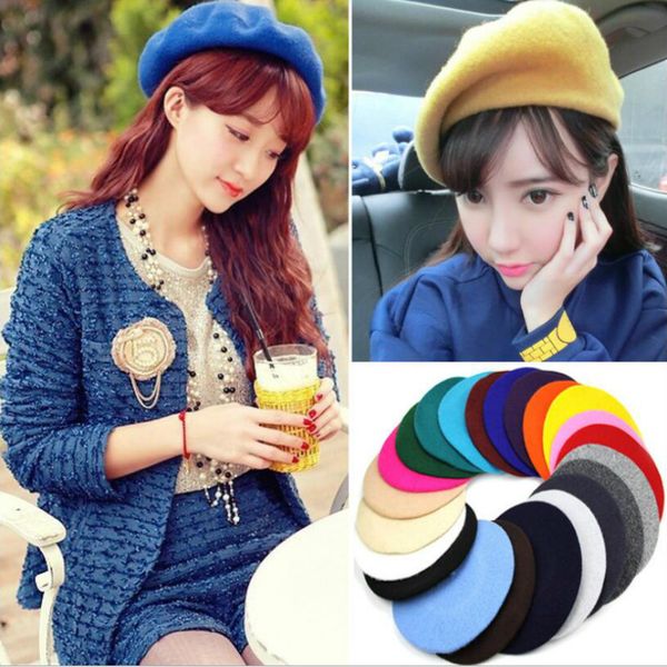 

chic solid color warm winter girl woolen beret hats french artist beanie hat ski caps fashion accessories round hat 13 colors, Blue;gray