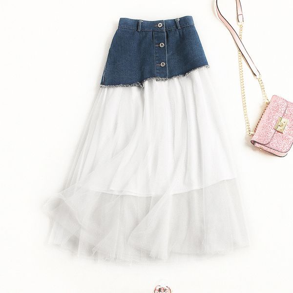 

for girls summer leading women's long denim tulle skirt euro-american fashion chic high waist skirt with buttons, Black