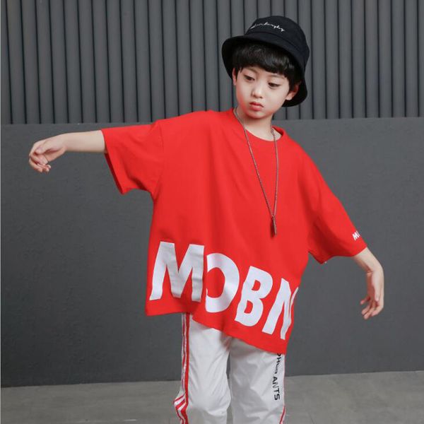 

boys loose ballroom hip hop dance wear competition costumes clothes kids modern jazz t shirt pants party dancing clothing outfit, Black;red