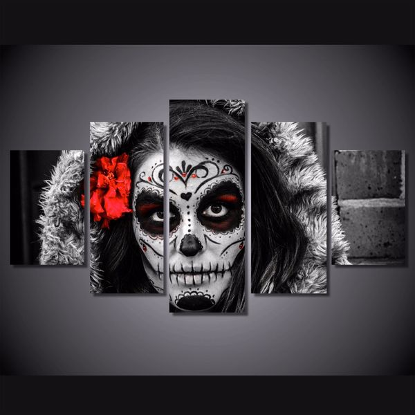 Framed Hd Printed Sugar Skull Day Of Dead Face Canvas Painting