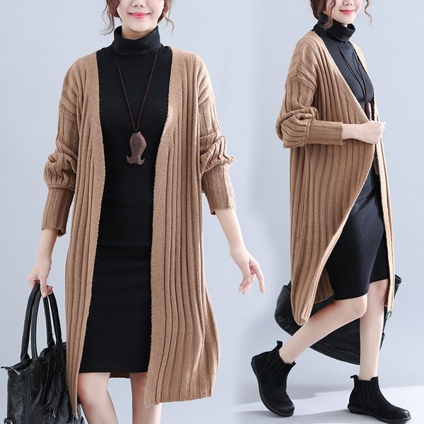 

2018 autumn winter new women long sleeve knitted sweater casual stripe cardigans plus size women sweater coat, White;black