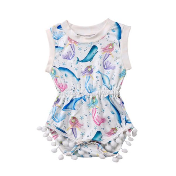 

2018 new baby girl clothes summer dolphins mermaid printing tassel newborn baby romper sunsuit playsuit outfits kids clothes baby onesies, Blue