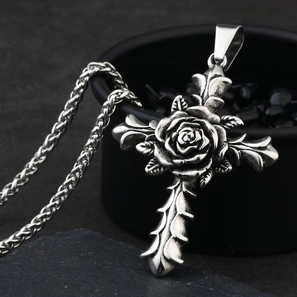 

fashion flower pattern stainless steel necklaces link chain collier for men women silver color cross pendant party jewelry mn115