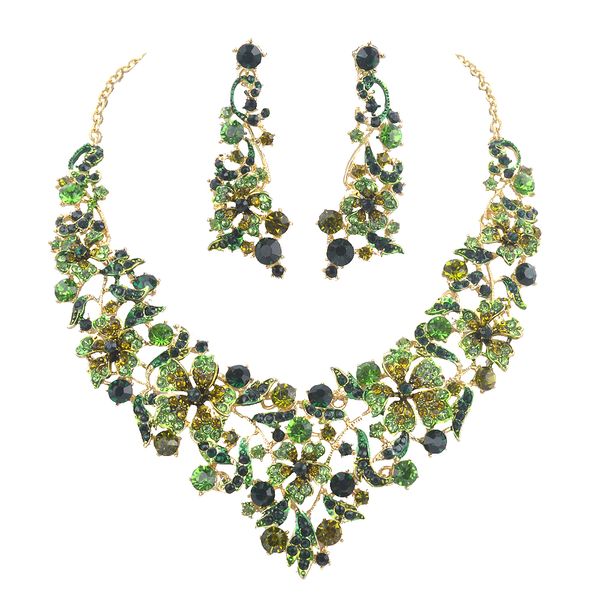 

fashion wedding party jewelry sets green color crystal bridal statement necklace&earrings accessory chrismas gifts for women, Silver