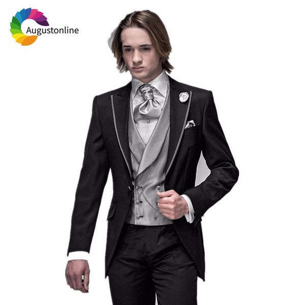 Acheter Italien Noir Hommes Costumes Pour Mariage Argent Gris Gilet 3 Pièces Vintage Slim Fit Mariée Tuxedos Homme Blazers Veste Costume Homme De