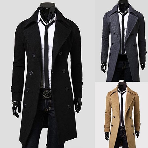 

men's fashion double-breasted briefness dust coat casual slim fit long outer wear new arrival, Tan;black