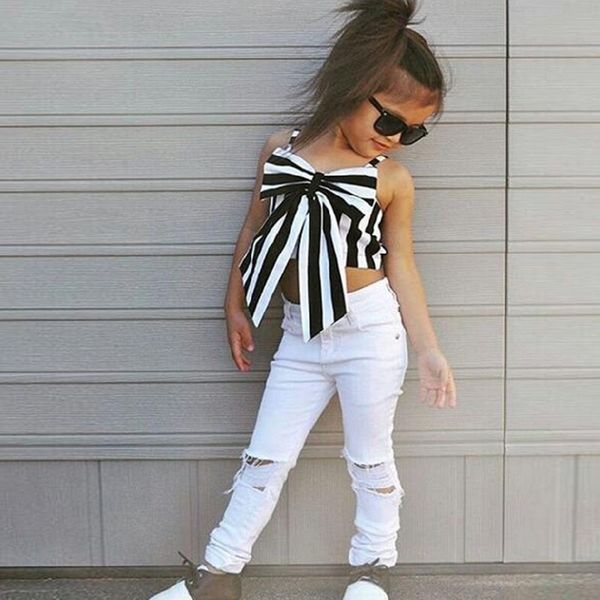 

stripe kids fashion girls clothing sets sleeveless children rose print shirt+shorts jeans kids girls clothes sets, White