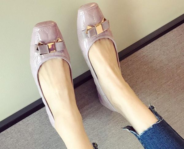 

send 2018 spring korean bowknot square head flat bottom single shoes, Black