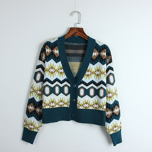 

2018 autumn women cardigan korean geometric v-neck short coat jacquard wave sweaters outwear runway designer mujer, White;black