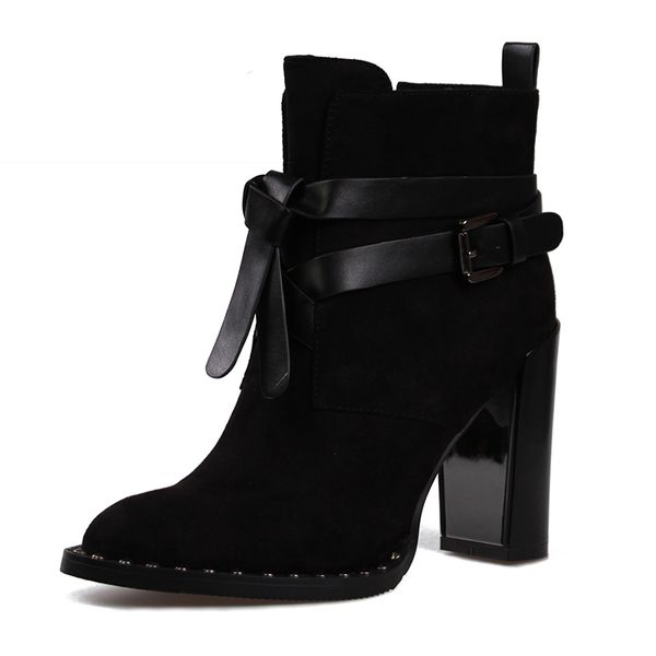 

winter flock boots women warm bota feminina ankle boots motorcycle buckle strap rivet shoes woman high thick heel boots, Black