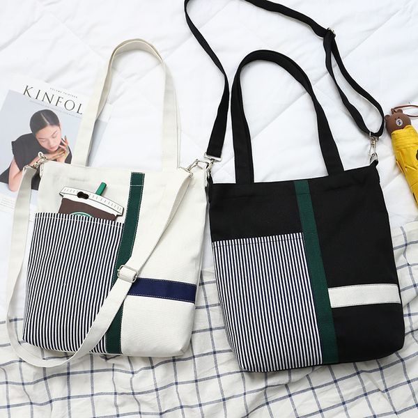 

raged sheep solid canvas shoulder bags environmental shopping bag striped fashion tote grocery reusable shopping bag