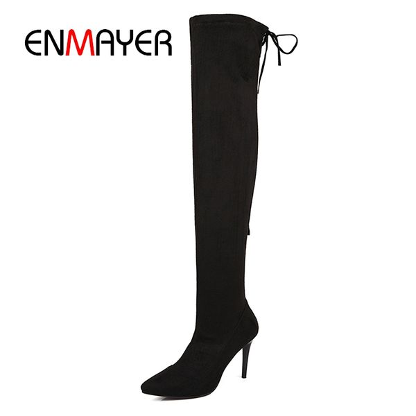

enmayer new arrival lady flock pointed toe thin heel over-the-knee boots women elastic band boots zyl762, Black