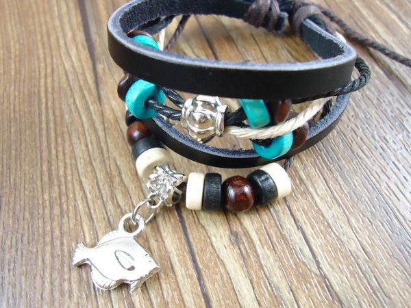 

new arrival handmade alloy fish charms pendants belt wrap genuine leather wristband mens bracelets jewelry for women, Black
