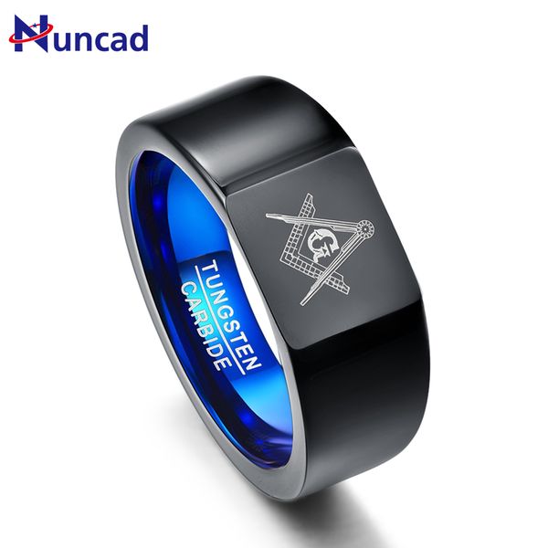 

nuncad retro big head style tungsten carbide rings vacuum plating black with blue rings laser masonic sign tungsten ring t076r, Golden;silver