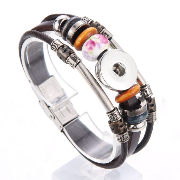 

ceramics snap leather bracelet retro handmade braided leather snap button bracelet bangles fit 18mm jewelry 6821, Golden;silver